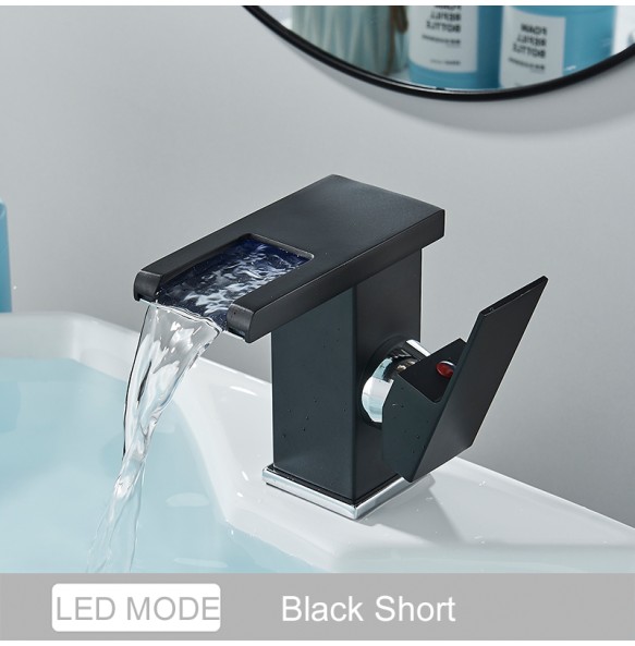 2024 New Black LED Waterfall Basin Bathroom Faucet Deck Mounted Hot Cold Water Mixer Taps Three Color Change By Water Flow