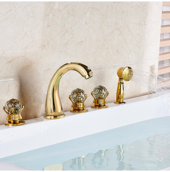 Widespread Swan Bathtub Faucet Golden Tub Mixer Tap Deck Mounted 3 Handle Swan Bath Shower Set with Pull Out Handshower Head