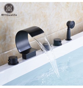 Modern Black Deck Mounted Waterfall 5pc Bathtub Faucet Set with Handshower Widespread Brass Spout 3 Knob Tub Mixer