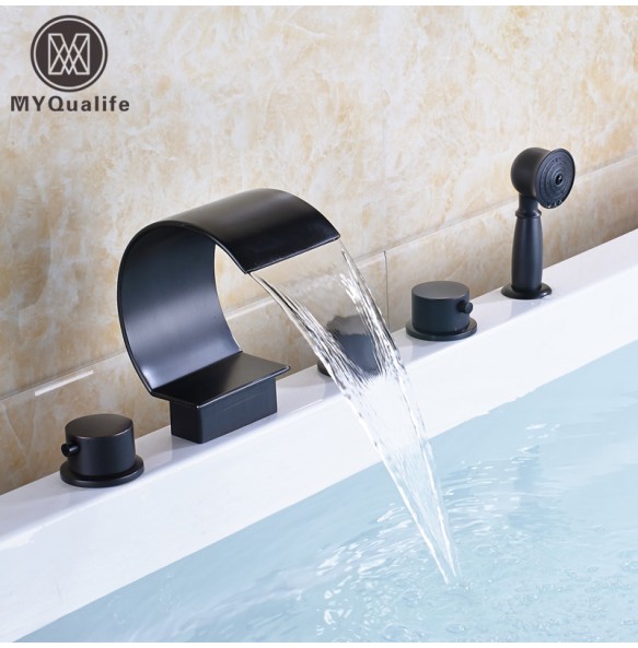 Modern Black Deck Mounted Waterfall 5pc Bathtub Faucet Set with Handshower Widespread Brass Spout 3 Knob Tub Mixer