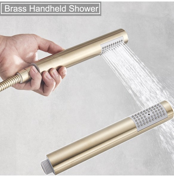 Brushed Gold Shower Faucet Set Round Brass Bathroom Wall Mount Rotate Tub Spout  Rainfall Head 3 Ways Mixer Tap