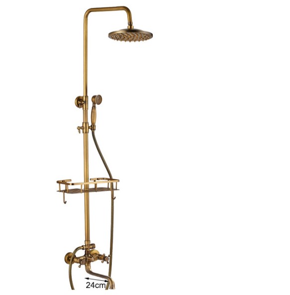 Antique Brass Wall Mounted Bathtub Shower Set Faucet Dual Handle with Commodity Shelf Long Spout Bathroom Shower Mixers Rainfall