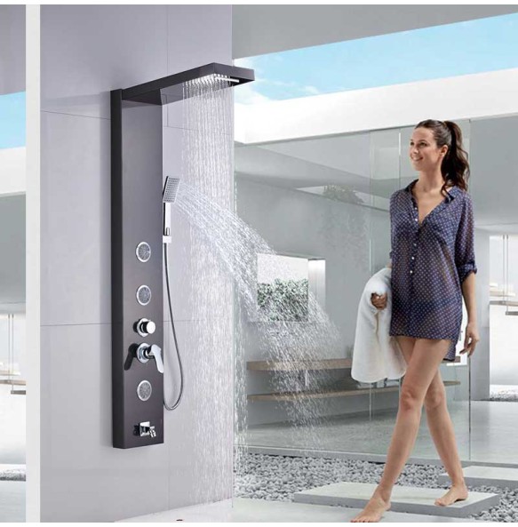 Stainless Steel Black Bath Shower Column Wall Mounted Rain Waterfall Shower Panel Mixers Rotate Body Massage Jets Shower System