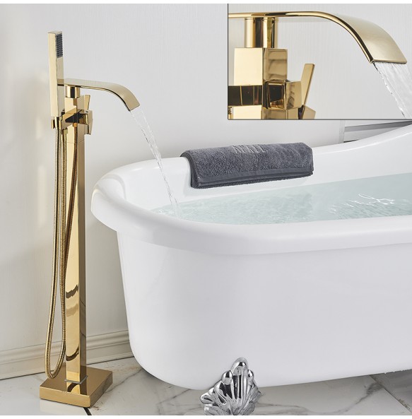 Luxury Gold Bathtub Faucet Freestanding Bathroom Faucet with Handshower Swive Spout Floor Mounted Bath Shower Mixer Tap