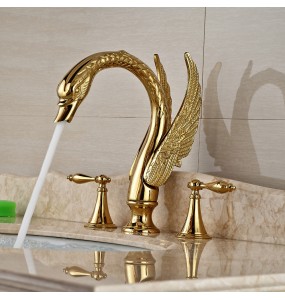 Swan Shape Dual Handle Golden Washing Basin Faucet Widespread Deck Mounted Bathroom Basin Mixer Tap with Hot and Cold Water