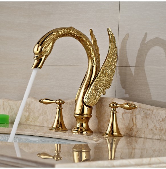 Swan Shape Dual Handle Golden Washing Basin Faucet Widespread Deck Mounted Bathroom Basin Mixer Tap with Hot and Cold Water