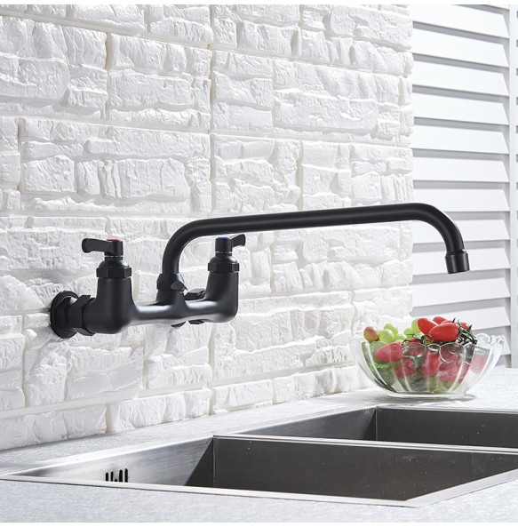 Wall Mounted  Long Spout Kitchen Faucet Dual Handle Brass Antique Hot and Cold Water Tap 360 Swivel Long Spout Kitchen Mixer Tap