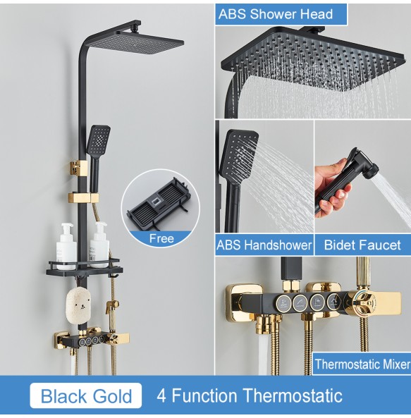 Black Thermostatic LCD Shower Faucet Set Temperature Display Rainfall Bathtub Tap With Bathroom Shelf Electricity By Water