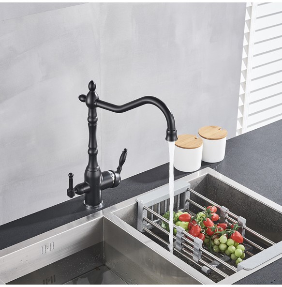 Matte Black  Kitchen Sink Faucet Pure Water Filter Drink Mixer Tap Dual Handles Two Spout Bathroom Kitchen Tap Hot Cold Crane