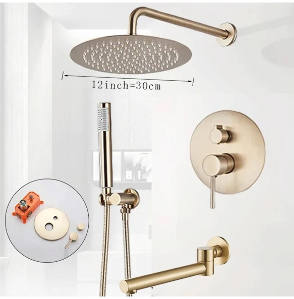 Brushed Gold Shower Faucet Set Round Brass Bathroom Wall Mount Rotate Tub Spout  Rainfall Head 3 Ways Mixer Tap