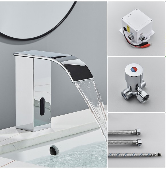 2024 New Black Sensor Basin Faucet Bathroom Automatic Sensor Watefall Faucet Touchless Free Touch Sink Tap Hot Cold Water Mixer Crane