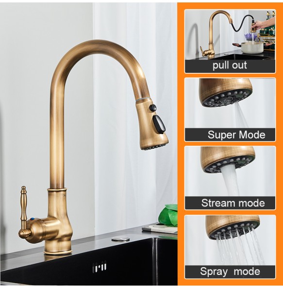 MYQualife Antique Brass Kitchen Sink Faucet Pull Down Swivel Spout Kitchen Deck Mounted Bathroom Hot and Cold Water Mixers