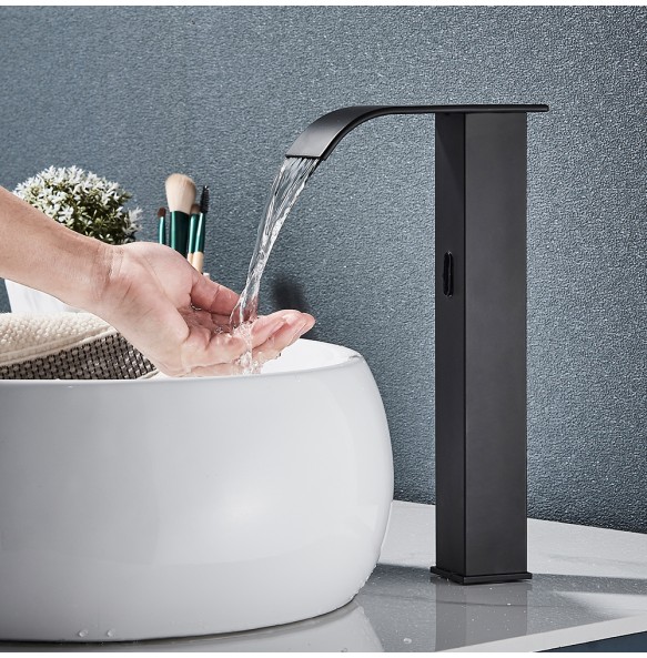 2024 New Black Sensor Basin Faucet Bathroom Automatic Sensor Watefall Faucet Touchless Free Touch Sink Tap Hot Cold Water Mixer Crane