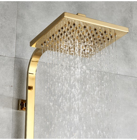 Golden Copper Shower Set Faucet Wall Mounted Hot and Cold Bathtub Shower Column Square 8