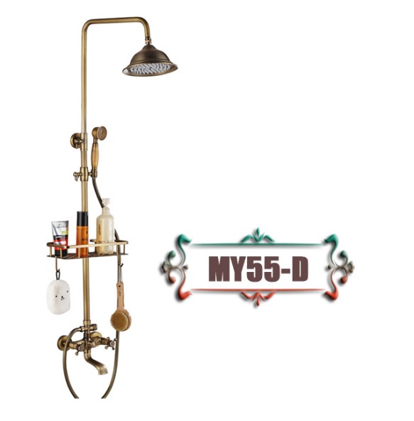 Antique Brass Wall Mounted Bathtub Shower Set Faucet Dual Handle with Commodity Shelf Long Spout Bathroom Shower Mixers Rainfall