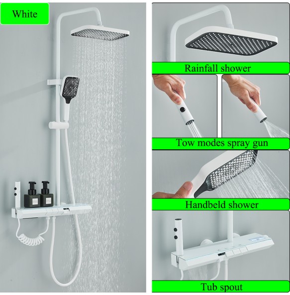 White Shower Faucet Set Rainfall Bathtub Tap With Bathroom Shelf 4 Functions Height Adjust Shower Mixer Crane