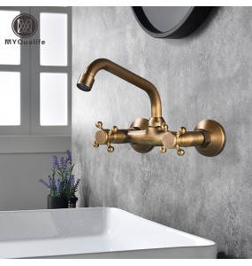 Wall Mounted Bathroom Kitchen Faucet Dual Handle Brass Antique Hot and Cold Water Tap 360 Swivel Long Spout Kitchen Mixer Tap