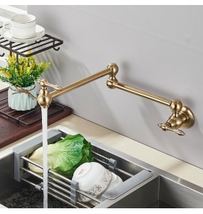 Brushed Gold Brass Pot Filler Faucet Single Cold Water Kitchen Faucet Wall Mounted Sink Tap Rotate Folding Spout Simple Installa