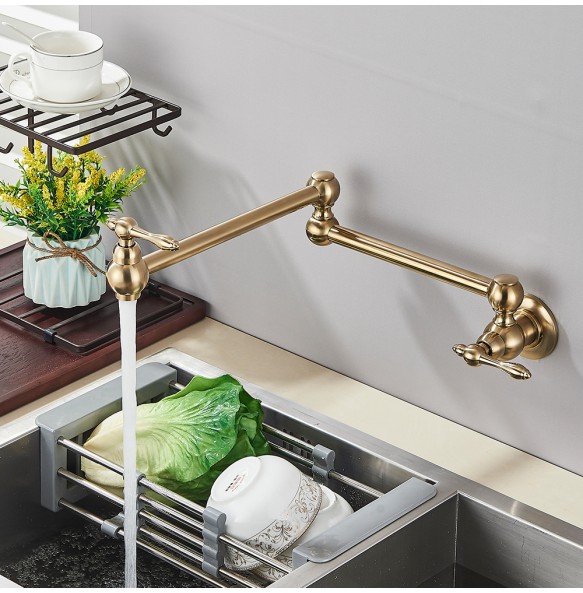 Brushed Gold Brass Pot Filler Faucet Single Cold Water Kitchen Faucet Wall Mounted Sink Tap Rotate Folding Spout Simple Installa