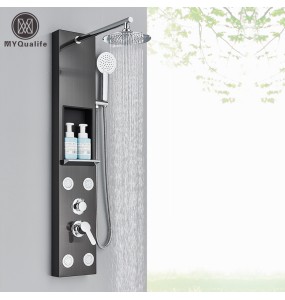 Black Shower Panel With Storage Rack Rainfall Shower Faucet Set SPA Massage Jet Bath Shower Column Double Handle Mixer Tap Tower