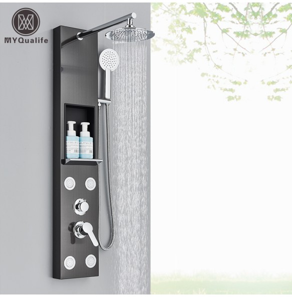 Black Shower Panel With Storage Rack Rainfall Shower Faucet Set SPA Massage Jet Bath Shower Column Double Handle Mixer Tap Tower