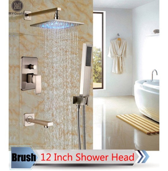 Bathroom LED Light Rainfall Shower Set Handheld Spray Brass Tub Spout Tap Bath Shower Mixer Faucet Wall Mounted Color Changing