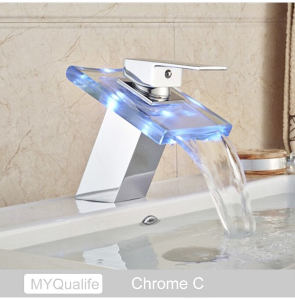 2024 New Luxury LED Color Changing Waterfall Basin Sink Faucet Single Handle Deck Mounted Hot and Cold Mixer Taps