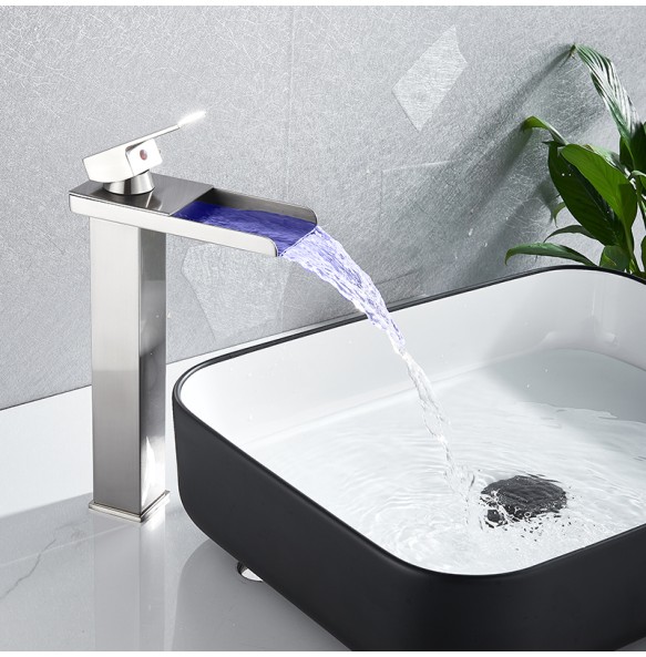 2024 New Black LED Waterfall Basin Bathroom Faucet Deck Mounted Hot Cold Water Mixer Taps Three Color Changing By Battery