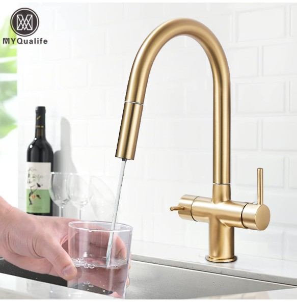 Brushed Gold Kitchen Faucet Pure Faucet Pull Out Filtered Faucet Dual Handle Hot&Cold Drinking Water Mixer Taps