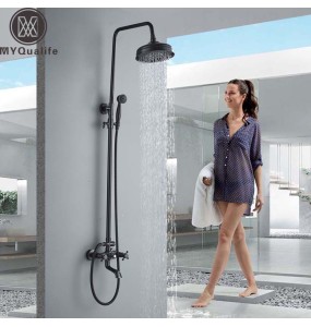 Black Bronze Shower Faucet Set Dual Handle Shower Mixer Wall Mount Rainfall Shower System 8