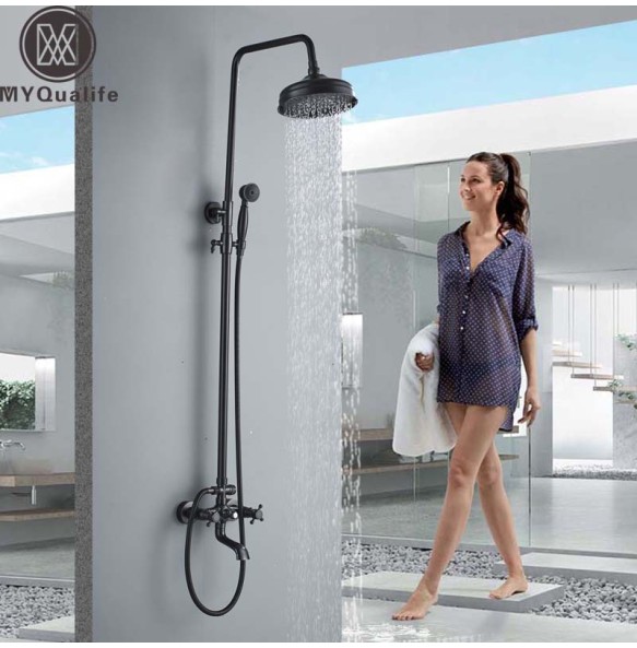 Black Bronze Shower Faucet Set Dual Handle Shower Mixer Wall Mount Rainfall Shower System 8