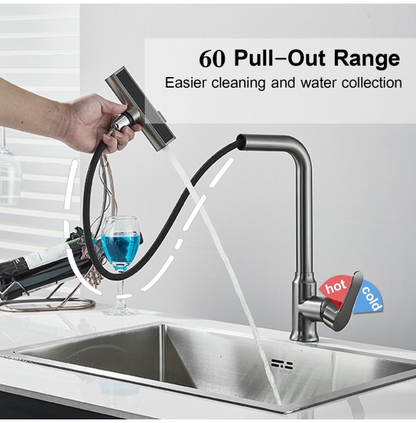 Gun Grey Pull Out Kitchen Faucet 360 Rotation Single Handle Gimbal Hot&Cold Mixer For Kitchen Sink Tap Crane splash-proof