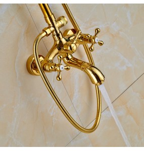 Golden Shower Faucet Dual Handle Shower Faucet Set Wall Mounted Rainfall Shower System Bathroom Bath Shower Mixer  Sliding Bar