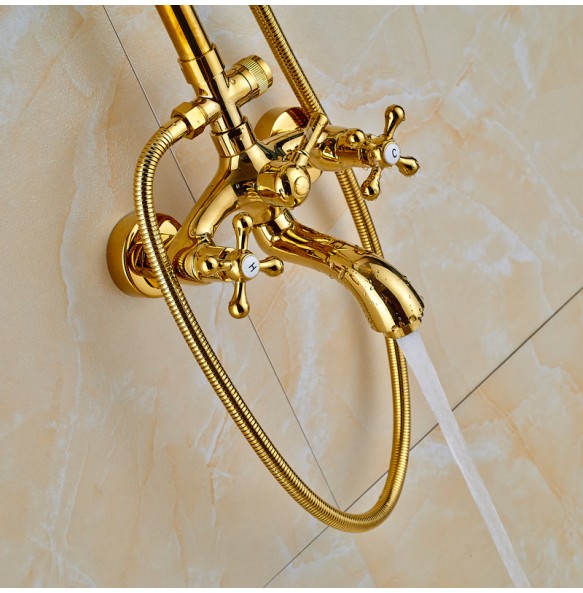 Golden Shower Faucet Dual Handle Shower Faucet Set Wall Mounted Rainfall Shower System Bathroom Bath Shower Mixer  Sliding Bar