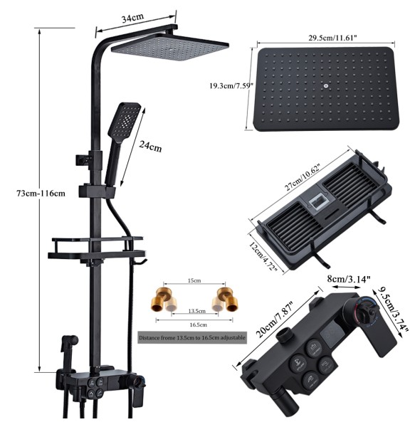 Black Thermostatic LCD Shower Faucet Set Temperature Display Rainfall Bathtub Tap With Bathroom Shelf Electricity By Water