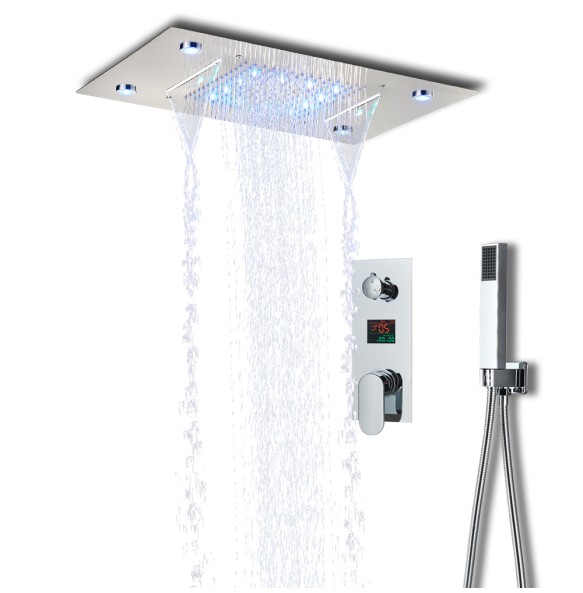 Black LED Digital Display Shower Faucet Set Rain Waterfall Bathtub Shower System Remote Control LED Colors Ceiling Mounted Tap