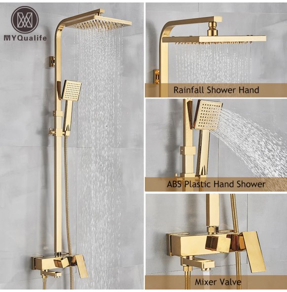 Golden Copper Shower Set Faucet Wall Mounted Hot and Cold Bathtub Shower Column Square 8