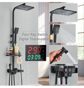 Black Thermostatic LCD Shower Faucet Set Temperature Display Rainfall Bathtub Tap With Bathroom Shelf Electricity By Water