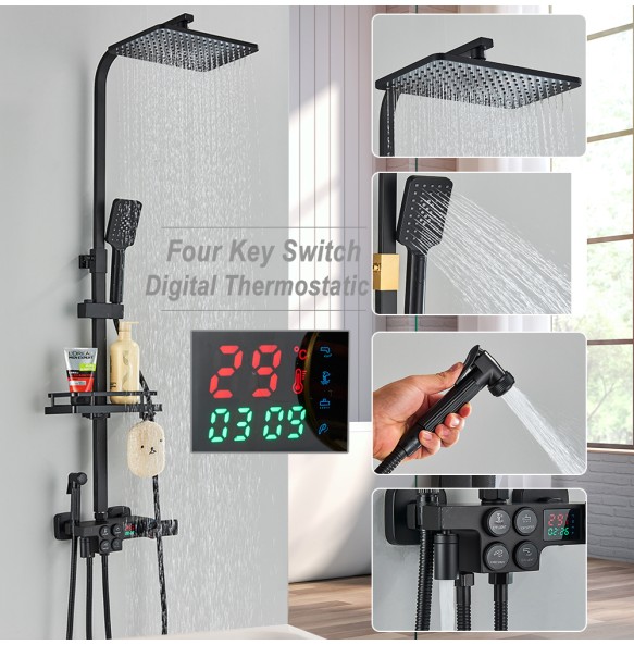 Black Thermostatic LCD Shower Faucet Set Temperature Display Rainfall Bathtub Tap With Bathroom Shelf Electricity By Water