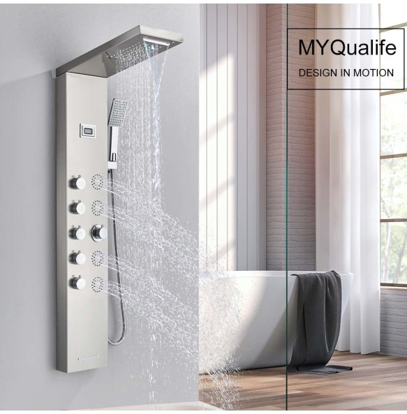 Shower Panel Waterfall Rain Shower Faucet Set SPA Massage Jet Bath Shower Column Temperature Display Mixer Tap Tower