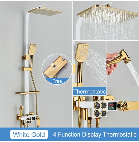 Black Thermostatic LCD Shower Faucet Set Temperature Display Rainfall Bathtub Tap With Bathroom Shelf Electricity By Water