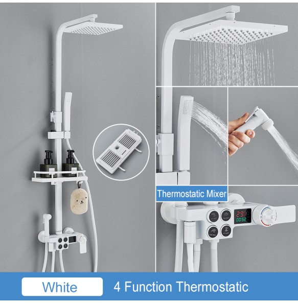 Black Thermostatic LCD Shower Faucet Set Temperature Display Rainfall Bathtub Tap With Bathroom Shelf Electricity By Water