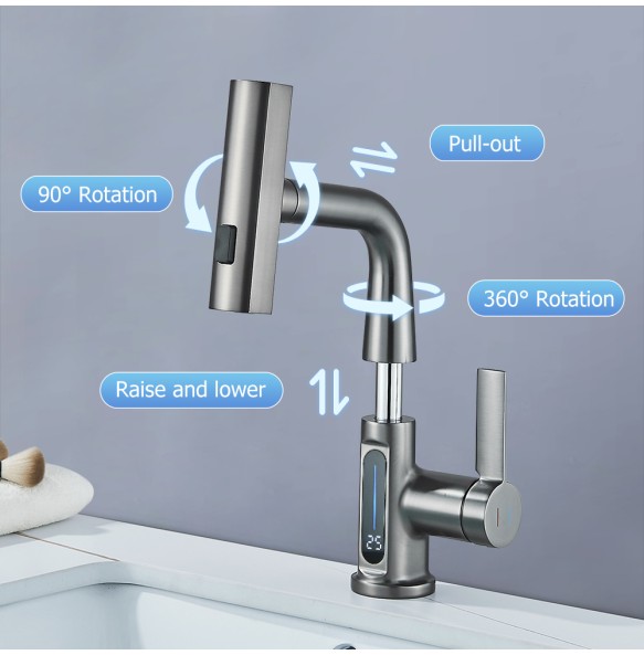 2024 NewWaterfall Temperature Digital Display Basin Faucet Lift Up Down Stream Sprayer Hot Cold Water Sink Mixer Wash Tap For Bathroom