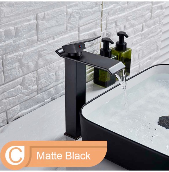 2024 New Black Waterfall Basin Sink Faucet Tall Bathroom Mixer Tap Wide Spout Vessel Sink Fauet Hot Cold Water Tap