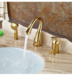 Deck Mounted Widespread 3pc Bathroom Bath Tub Mixer Faucet Brass Handshower Goose Neck Spout Bathroom Mixer Taps