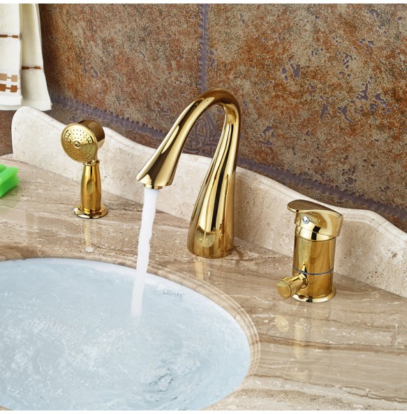 Deck Mounted Widespread 3pc Bathroom Bath Tub Mixer Faucet Brass Handshower Goose Neck Spout Bathroom Mixer Taps