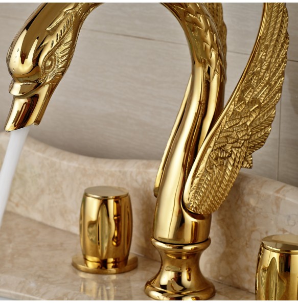 Swan Shape Dual Handle Golden Washing Basin Faucet Widespread Deck Mounted Bathroom Basin Mixer Tap with Hot and Cold Water