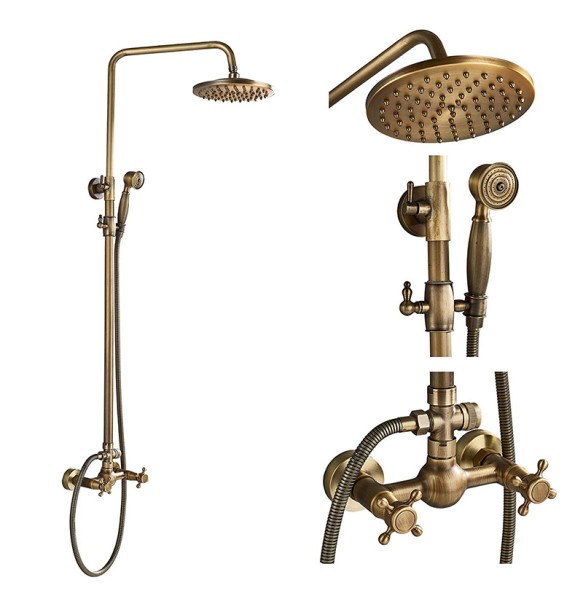 Antique Brass Shower Faucet Mixers Dual Handle Rainfall 8