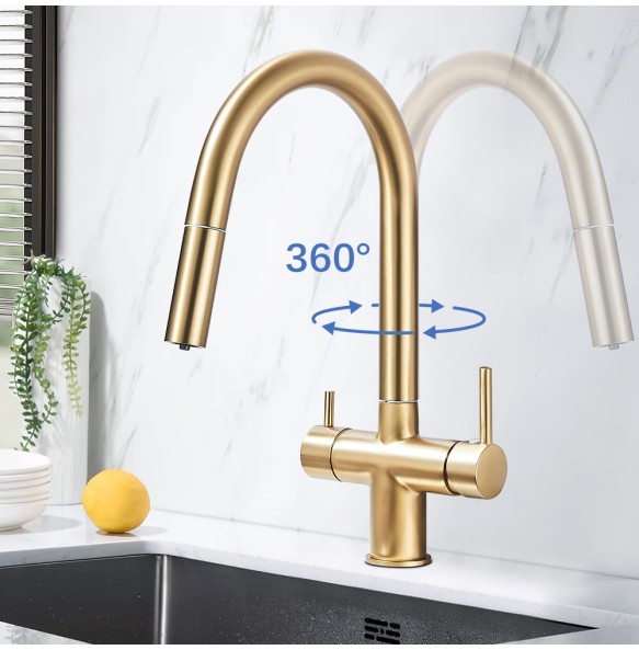 Brushed Gold Kitchen Faucet Pure Faucet Pull Out Filtered Faucet Dual Handle Hot&Cold Drinking Water Mixer Taps