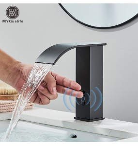 2024 New Black Sensor Basin Faucet Bathroom Automatic Sensor Watefall Faucet Touchless Free Touch Sink Tap Hot Cold Water Mixer Crane